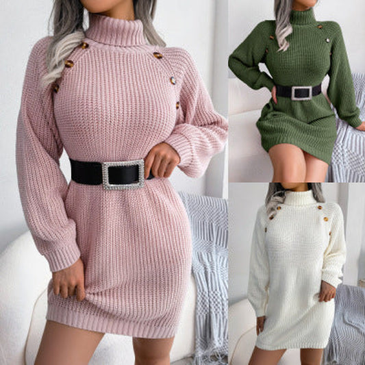 Winter Turtleneck Long Sweater Dress with Button Design - Cozy Long Sleeve Base Layer for Women